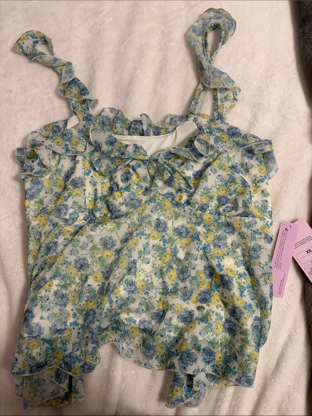 NWT Wild fable Blue, Yellow & Cream Floral Ruffle Tie-Strap top